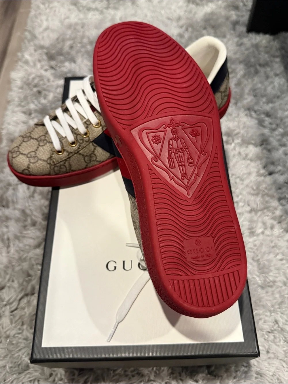 Gucci Beige GG Canvas Sneakers with Red & Navy Web